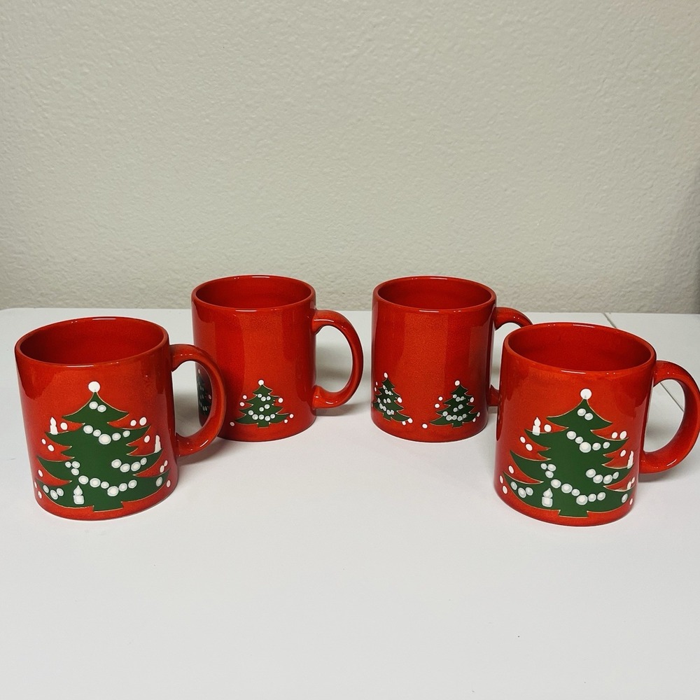 Waechtersbach Christmas Tree Red Mugs Set of 4 West Germany Vintage Holiday